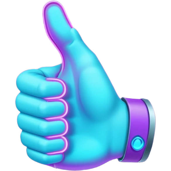 futuristic glowing thumbs up, neon purple and cyan light, dark background, digital tech style emoji