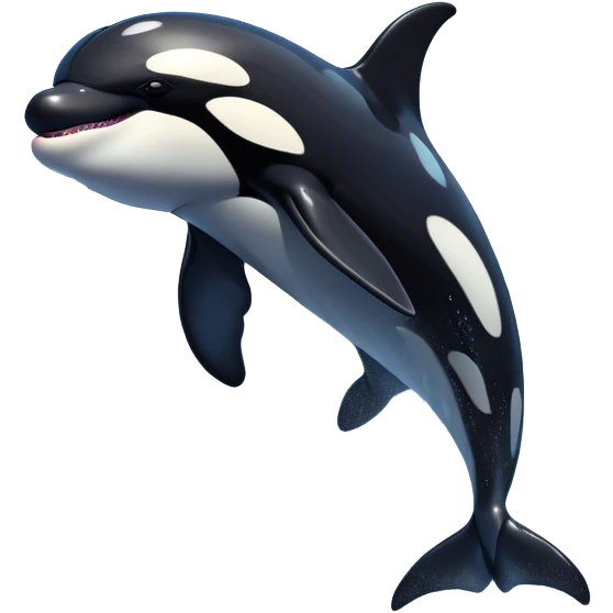 Meme-Worthy Breaching orca Portrait Emoji, Bursting powerfully out of the ocean with an impressive, high-energy leap, showcasing a sleek black-and-white body glistening with water droplets and dynamic, arched posture, Simplified yet exhilaratingly expressive features, highly detailed, glowing with a vibrant marine energy, high shine, bold and full of life, stylized with an air of untamed ocean spirit, soft glowing outline, capturing the essence of an orca mid-breach, radiating pure, unstoppable aquatic power! emoji