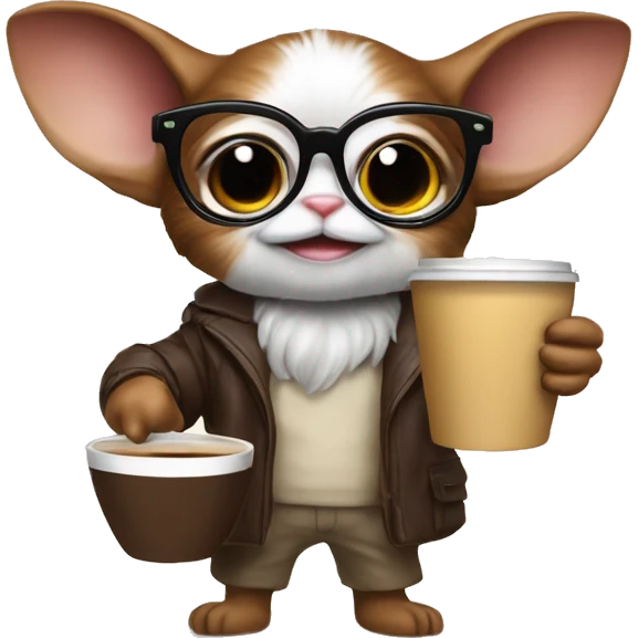 Cute gizmo from gremblins studyng with glasses and a coffe emoji