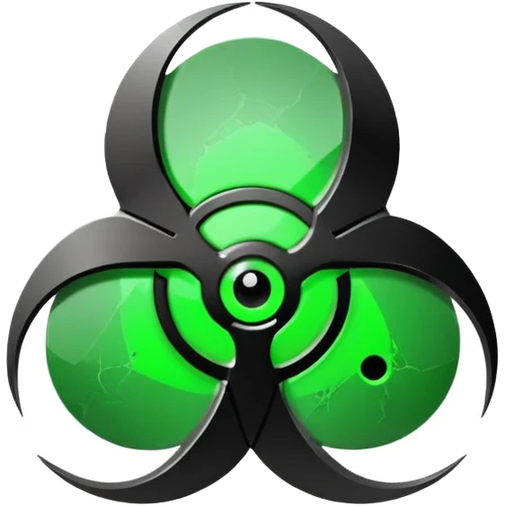 Minimalist emoji-style sticker of a fractured biohazard symbol with a small eye in the center. Stylized, geometric, no text.
 emoji