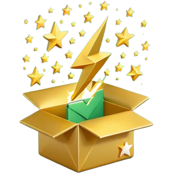 3D minimal open box with small floating icons coming out (envelope, lightning bolt, star), soft matte finish, deep green (#0B3D2C) box, gold (#C9B037) floating icons, Apple style, ultra clean and sleek, very soft ambient shadow, transparent background emoji