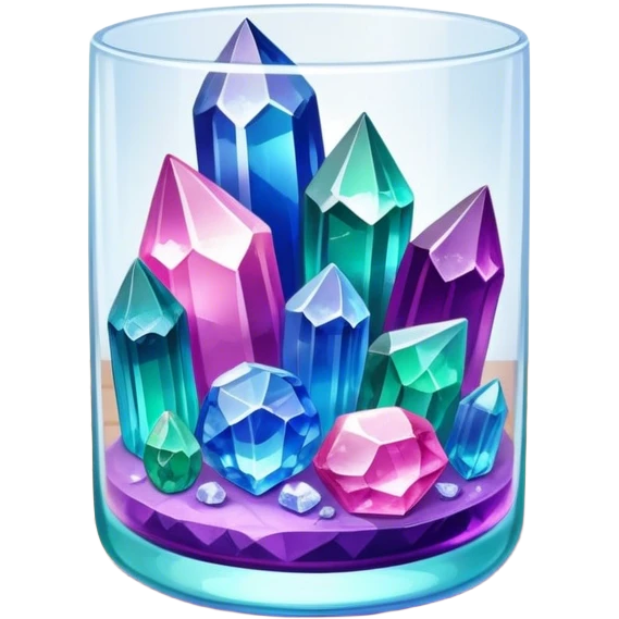 Close-up of vibrant, multicolored crystals growing in a glass container on a wooden table. Crystals in shades of purple, blue, green, pink, and clear are forming in various shapes and sizes. Soft light shines on them. Cozy indoor setting with plants and soft decor in the background. emoji