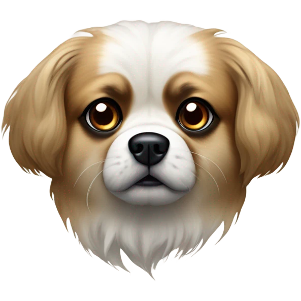 Tibetan Spaniel, with soft, brown face framed by floppy ears. black eyes and dark nose, giving it an alert, curious expression. body mostly white with brown patches and soft, medium-length fur. tail curls upwards, covered in feathery fur emoji
