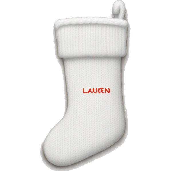 white knit christmas stocking with the name lauren written on it  emoji