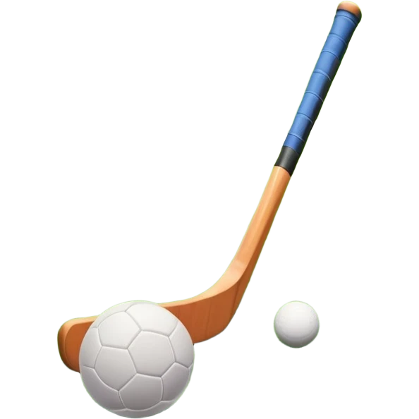 A field hockey stick and ball on a vibrant green grass field, with goalposts and clear field markings in the background. The scene emphasizes the bright, lush grass, highlighting the fast-paced and strategic nature of hockey on a well-maintained pitch. emoji