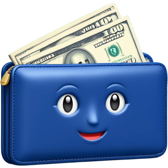 Rich emoji style Deep Blue leather wallet with dollar bills, luxury money vibe, premium 3D emoji, ultra clean, high detail, no background emoji