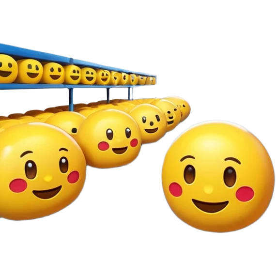 Warehouse interior designed in emoji style, 3D emoji aesthetic, bright colors, soft rounded shapes, simplified details, glossy plastic texture, clean environment, playful lighting, high resolution, sharp focus, vibrant, cartoon-like but rendered in 4K, studio quality. emoji