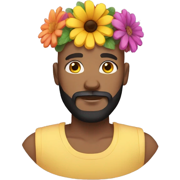 bald man with black beard and brown eyes and yellow skin with a colorful flowercrown on his head emoji