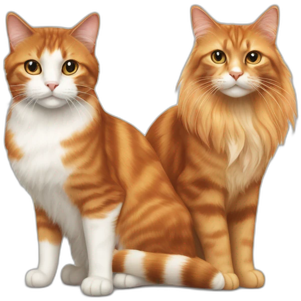 Long-haired, brown, white, and orange, calico cat next to an orange tabby cat emoji