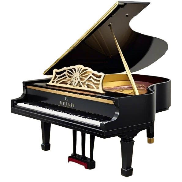 Create a sophisticated and celebratory emoji collage representing keyboard instruments, designed in the style of a coat of arms or crest. The design should feature a central, surrounded by a ribbon of musical notes. The ribbon should intertwine with a second ribbon made of black-and-white piano keys, creating a flowing, symmetrical pattern. Include delicate, elegant details such as the pedals of the grand piano, intricate woodwork, and the glossy, polished surface of the instrument. The musical notes should be swirling around the design in a harmonious, festive arrangement. Use gold, silver, and rich wood tones to evoke a sense of luxury and professionalism, with the black-and-white keys of the piano adding contrast. The background should remain transparent emoji