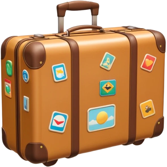 A 3D cartoon suitcase placed on the ground with travel stickers, soft sunlight, warm tone, realistic Memoji-style design. emoji