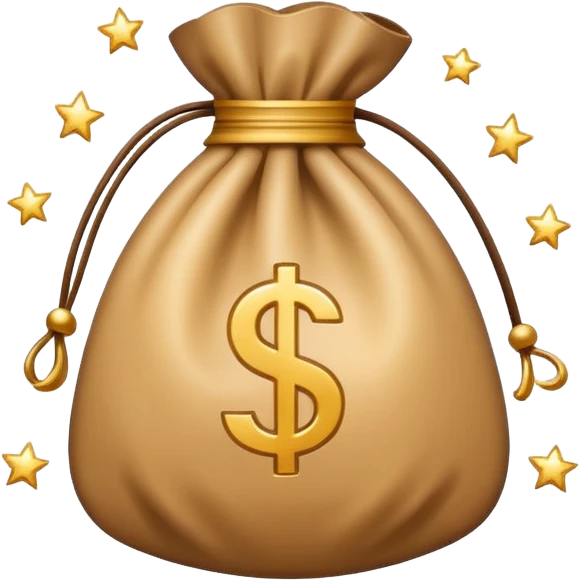 Minimal line-art icon of a money bag with sparkles around it, clean modern style, simple outlines, slight 3D, no background, transparent, represents clean and ethical income. emoji
