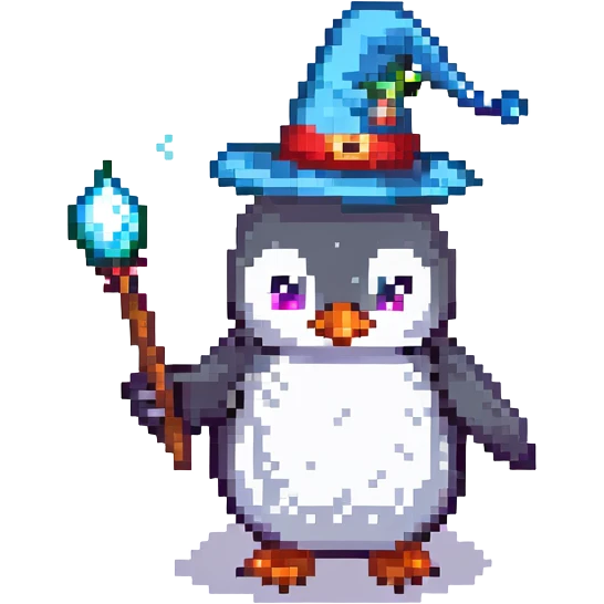 A penguin wizard with a pointy hat and a magic wand emoji