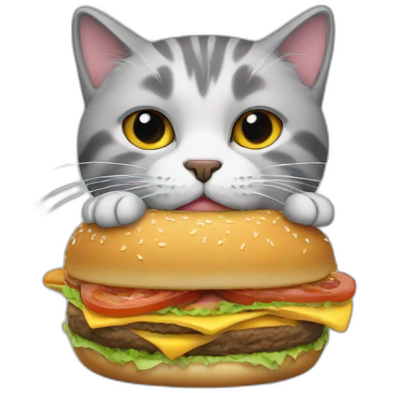cat, with long gray furr, eats burger emoji