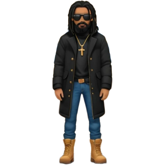 African American man with shoulder length black dreadlocks with black beard wearing black sunglasses wearing a black bubble winter coat  wearing denim skinny jeans and timberland boots standing in front of a Christian church emoji