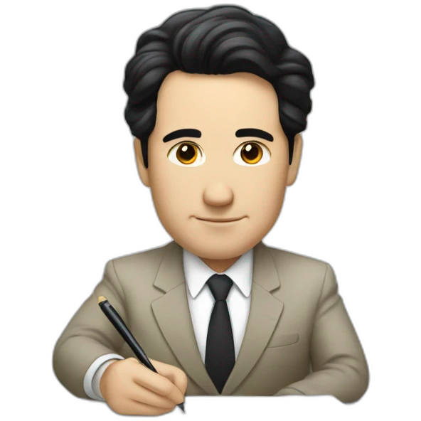 a white politician with black hair signing a paper emoji