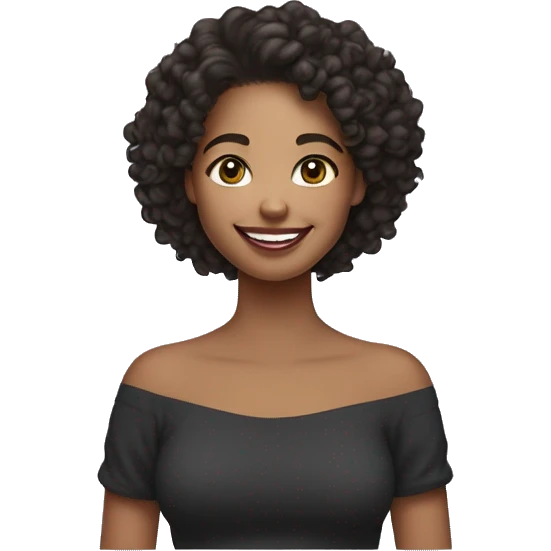 The girl has curly dark hair tied back and a cheerful expression, radiant smile skin tone medium, wearing minimal makeup. off-the-shoulder dark sweatshirt emoji