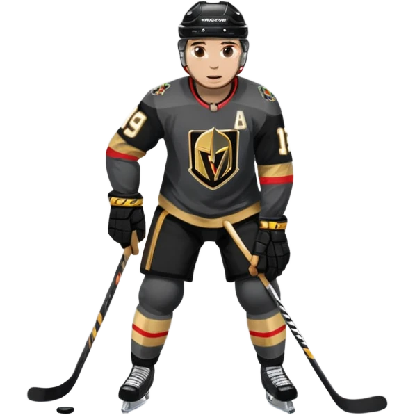 A hockey player in a Vegas Golden Knights black & gold jersey, red accent glow, centered stance, stick on the ice, faceoff position emoji