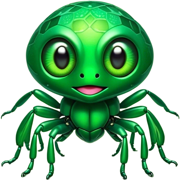 Cinematic Cute Green Bugdie Portrait Emoji, Head tilted playfully and inquisitively, featuring a glossy, vibrant emerald exoskeleton with intricate patterns, round, sparkling multifaceted eyes filled with curiosity, Simplified yet irresistibly adorable features, highly detailed, glowing with a warm, friendly glow, high shine, affectionate and lively, stylized with a touch of whimsy, bright and endearing, soft glowing outline, capturing the essence of a mischievous yet charming bug, so playful it feels like it could buzz out of the screen and into your arms! emoji