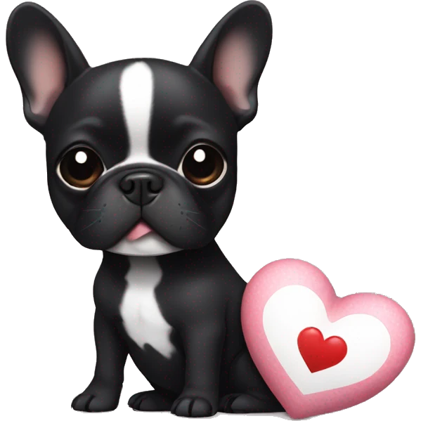 Black french bulldog with a tiny white mark on chest. Holding a heart pillow  emoji