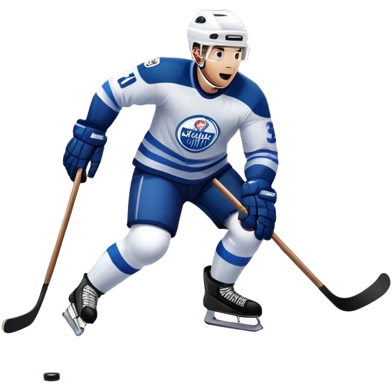 An icon featuring a hockey player in action, skating with a stick and puck on a fast-paced ice rink. The background shows a packed stadium with cheering fans, bright lights, and a snowy landscape visible through the arena's windows. Transparent background captures the excitement. emoji