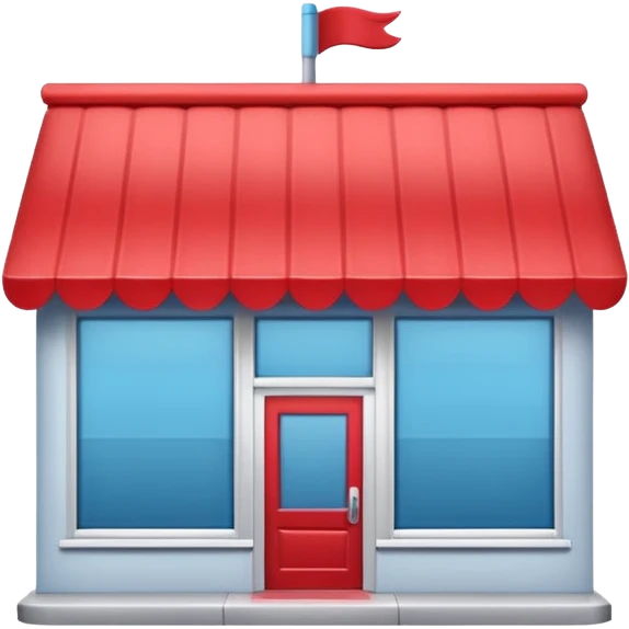 miniature storefront in flat vector emoji style, clean and rounded, peaked red roof, light gray walls, blue sign area, large front windows, sliding glass double doors, subtle shadows, soft lighting, minimal and cute like Apple emojis, front-facing, plain background emoji