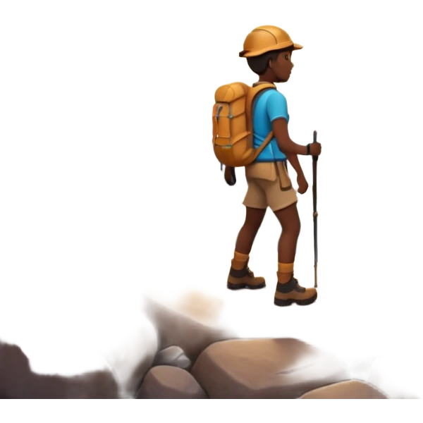 A 3D cartoon hiker silhouette standing on a rocky path at sunset, warm golden light, Memoji-style rendering. emoji