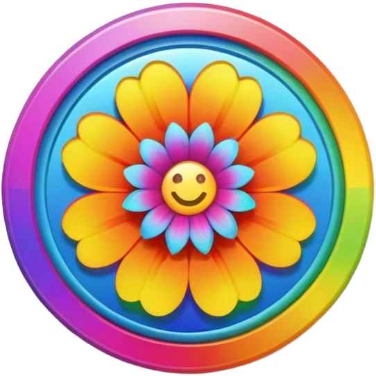 A round psychedelic colored button with bezeled edges and a rainbow colored flower in the center emoji