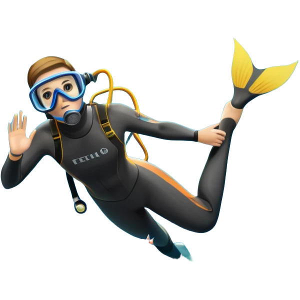 An icon featuring a close-up of a freediving mask and snorkel, with a breath-holding diver's fins, set against a vibrant underwater world. The design includes coral reefs, fish, and bubbles, symbolizing the serene beauty and thrill of freediving. Transparent background highlights the calm emoji