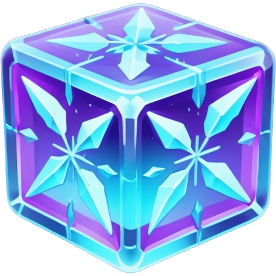 glowing ice crystal cube, icy neon cyan highlights, purple neon accents, dark background, digital tech style. emoji