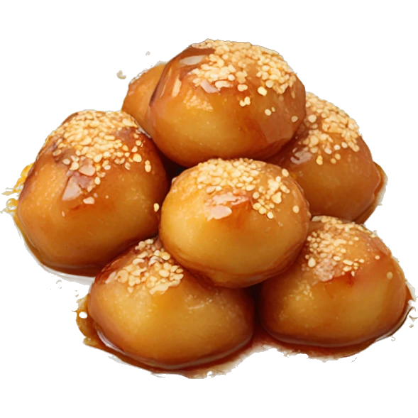 Greek loukoumades in a plate with honey drizzle and sesame seeds emoji