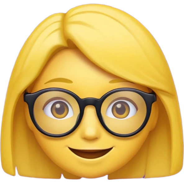un emojis amarillo, con el cabello negro corto lacio,   con lentes violeta y una sonrisa emoji