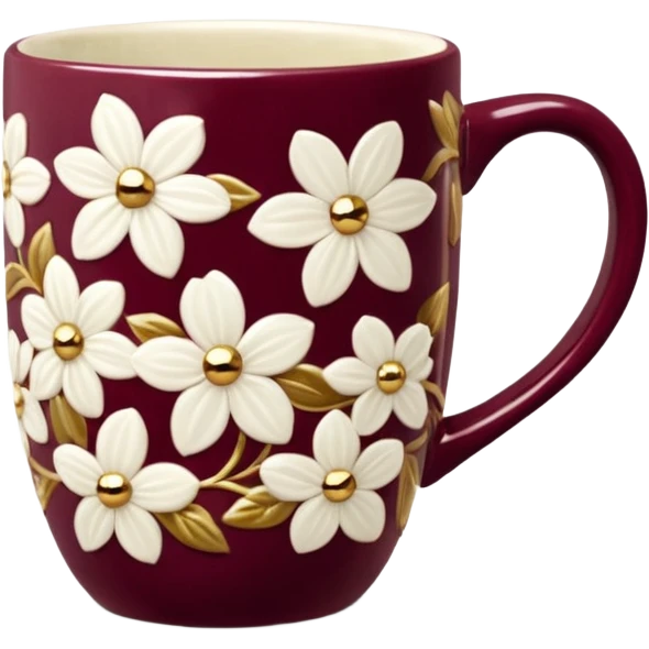 10K gold, Burgundy, white floral pattern -  realistic coffee mug  emoji