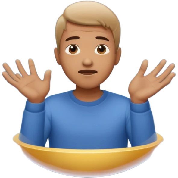 A man in simple casual clothes inside a transparent echo chamber bubble. Sound waves inside the bubble reflect back to him, showing only repeated versions of his own beliefs. Outside voices and symbols are muted or faded. Emoji-style render, soft lighting emoji