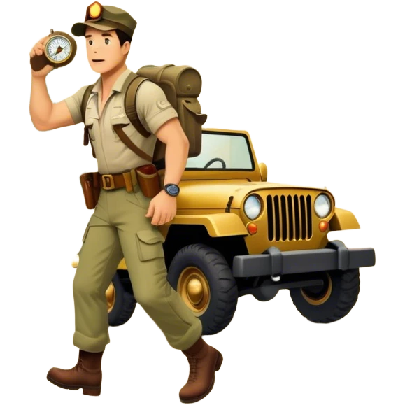 A vintage movie poster-style collage. Include action-packed elements like a treasure map, jungle scenes, a rugged explorer with a compass and a speeding jeep. Add a shadowy figure resembling close-up Mark Wahlberg in adventurous gear. Jungle background. Transparent background. emoji