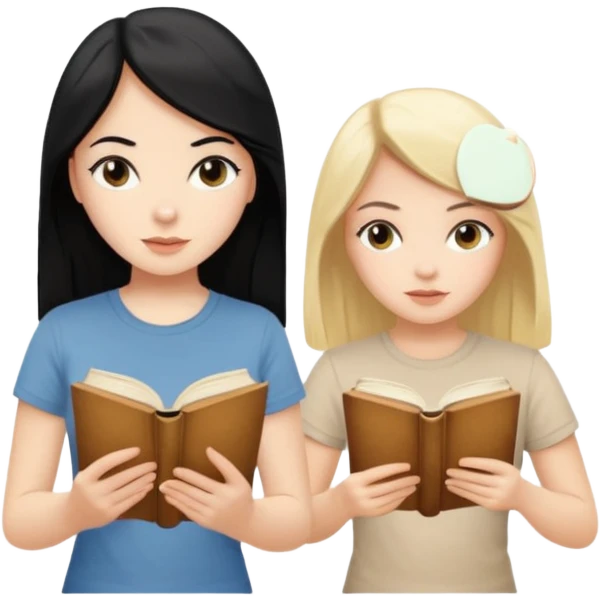 beautiful white girl with black hair in beige t-shirt and beautiful blonde girl with long hair in beige t-shirt reading beautiful vintage book emoji