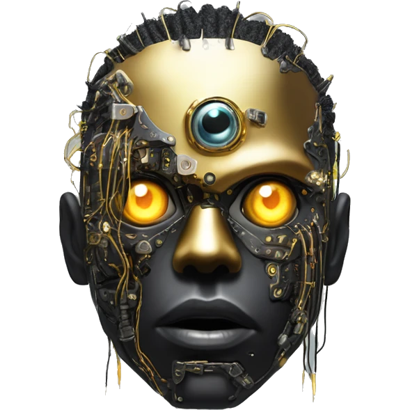 black metal male cyborg head with artificial eyeball, circuitry and wispy yellow gold hair emoji