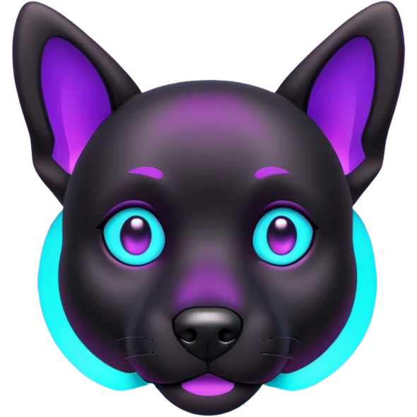 futuristic glowing black dog emoji, neon cyan eyes, purple #8B5CF6 highlights, tech minimal style, dark background emoji