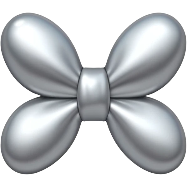 A cute bow emoji made of polished silver chrome, smooth rounded loops, glossy metallic surface, soft mirror reflections, subtle highlights, minimal and adorable proportions, iOS emoji style, centered composition, clean white background, soft studio lighting, no text, no outline, ultra high quality emoji