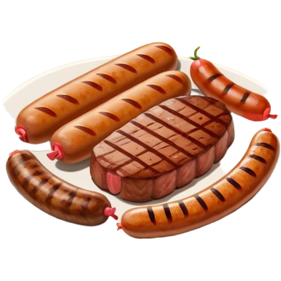 Meat dishes avatar in clean emoji-style illustration. Steak, roasted meat, and sausages, rich brown and red tones, simple shapes, flat design, hearty and appetizing. emoji