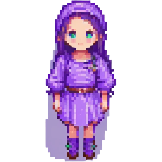 Change the girl's clothes to purple, keep the pixel art style, with no background. emoji