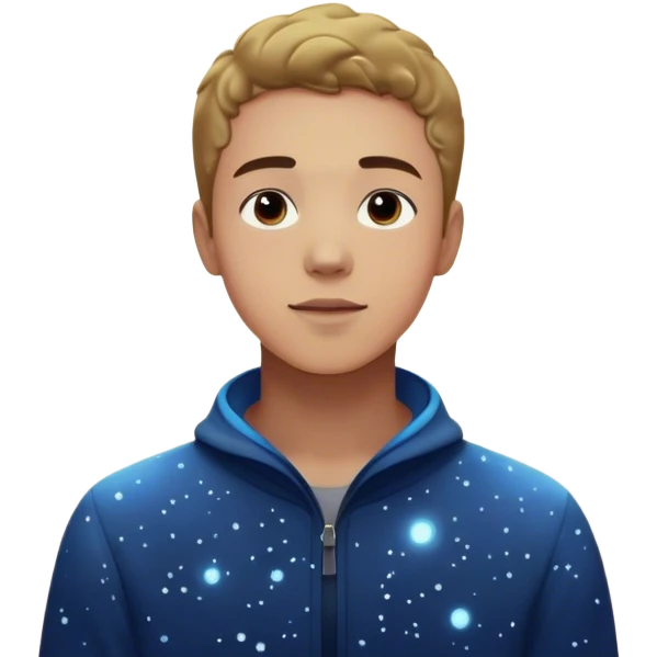 A young man stands in a vast, starry universe, surrounded by floating particles of light. Each particle represents a choice, a moment, a memory—his personal universe. He reaches out, touching one, knowing that everything he does stays in this space forever.  emoji
