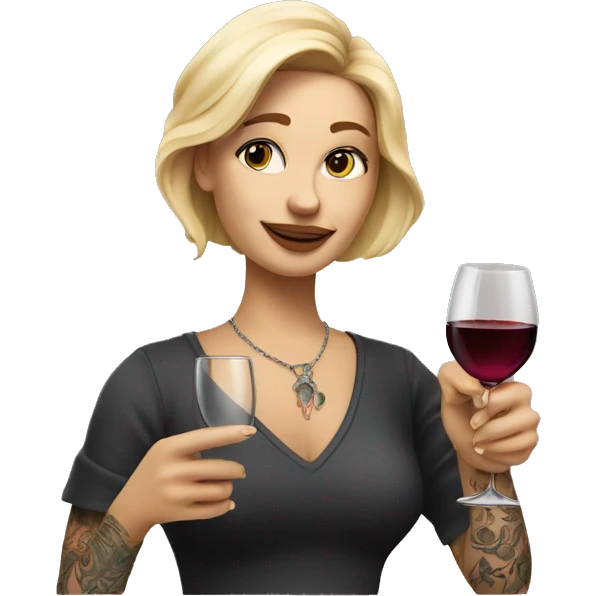 Create a hyper-realistic emoji of a blonde woman with tattoos, holding a glass of wine in one hand and pointing forward with the other, with an elegant and minimal design. emoji