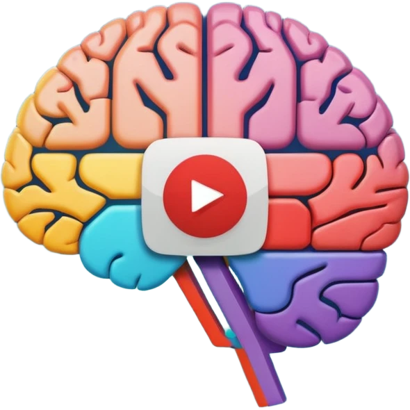 Stylized brain illustration with YouTube logo elements integrated, neural network nodes forming play button shape, digital art style, vibrant color palette, professional icon design, square format emoji