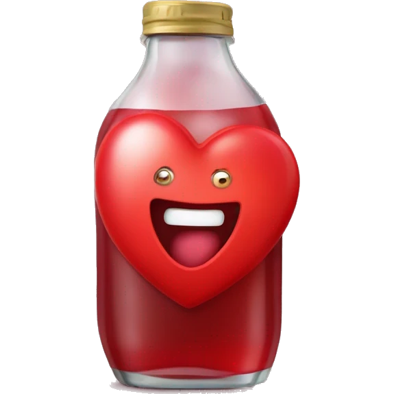 A red heart ❤️ with eyes, a mouth, and hands, looking tipsy and drunk, holding a bottle of drink in one hand, with a playful, wobbly expression emoji