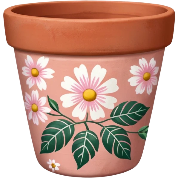 plant pot in terra cota with white and pink flowers print painted on the pot  emoji