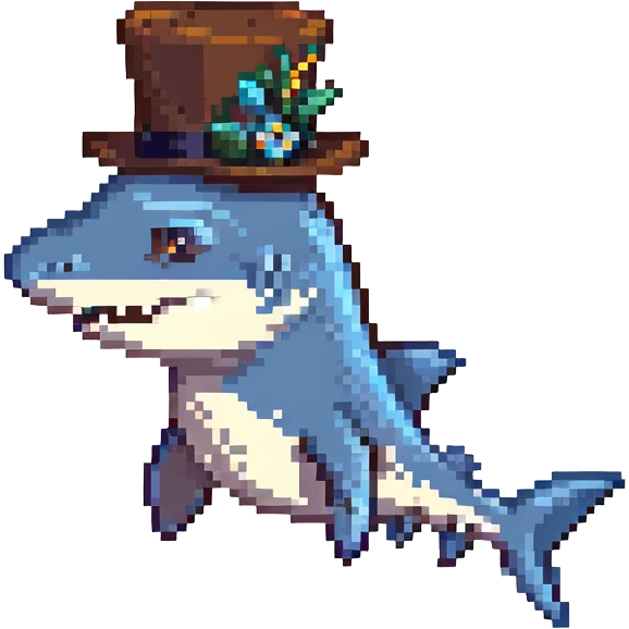 pixel art style blue shark, fancy tophat emoji