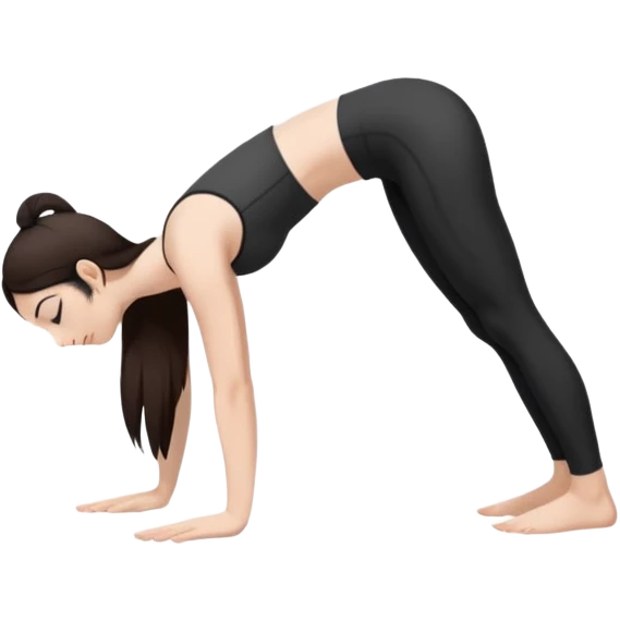 Девушка белокожая с правильными пропорциями тела стоит в позе собака мордой вниз, только человек, с длинными темными волосами, в коротком белом топе, в черных лосинах, с черными ресницами emoji