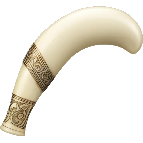 a long, slightly curved horn made from ivory , pale and polished to a soft shine  with a natural, ancient feel. Near the mouthpiece and the end, there are smooth silver bands, each engraved with intricate designs. emoji