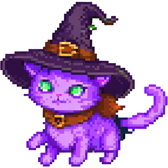 Make the purple witch cat with a hat fly in pixel art style with no background, transparent background. emoji